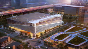 Architecture firm Corgan has designed a number of airport concepts for Uber Air, including this retrofit design for rooftops