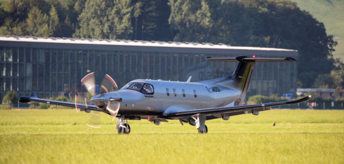 PC-12 NGX departing Stans, Switzerland, newly registered G-MDSI