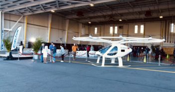 Volocopter eVTOL aircraft in front of Sheltair TPA hangar at Tampa International Airport