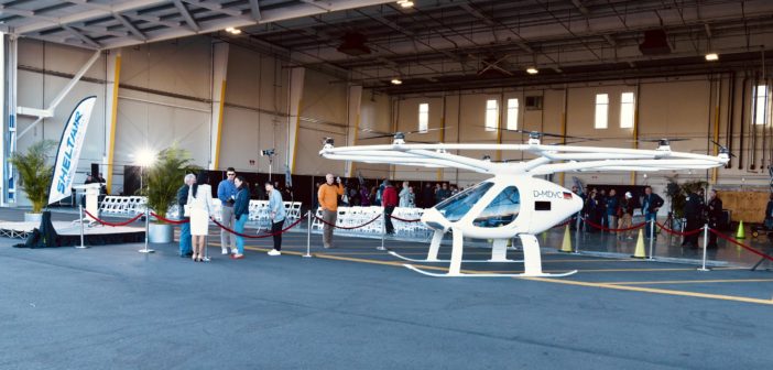 Volocopter eVTOL aircraft in front of Sheltair TPA hangar at Tampa International Airport